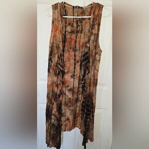 Coin 1804 Brand Sleeveless Tie-Dye Long Open Front Hooded Vest n Rust and Brown